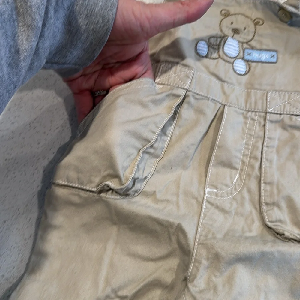 Carter's Tan Overalls with Bear Patch khaki, and baby blue size 3 months